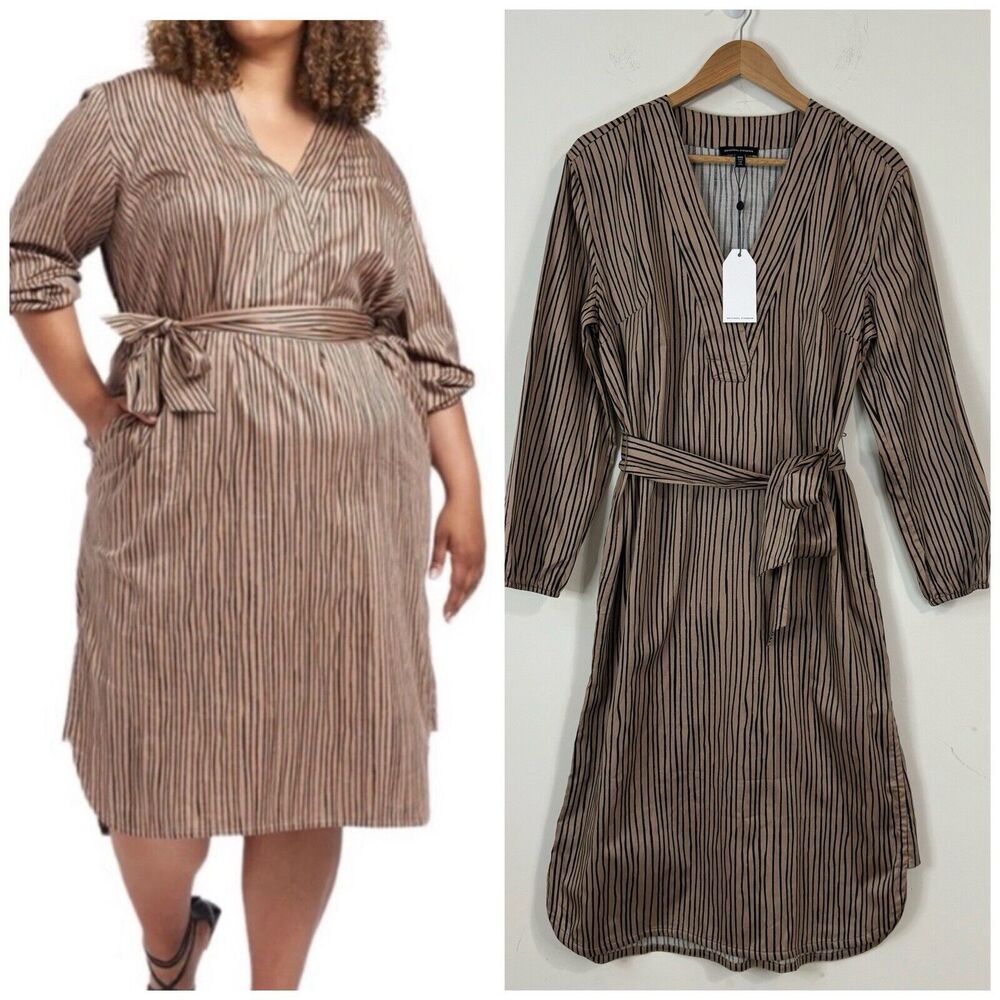 Universal Standard Printed Crossover Collar Dress Plus Size 3X Striped Tan Black
